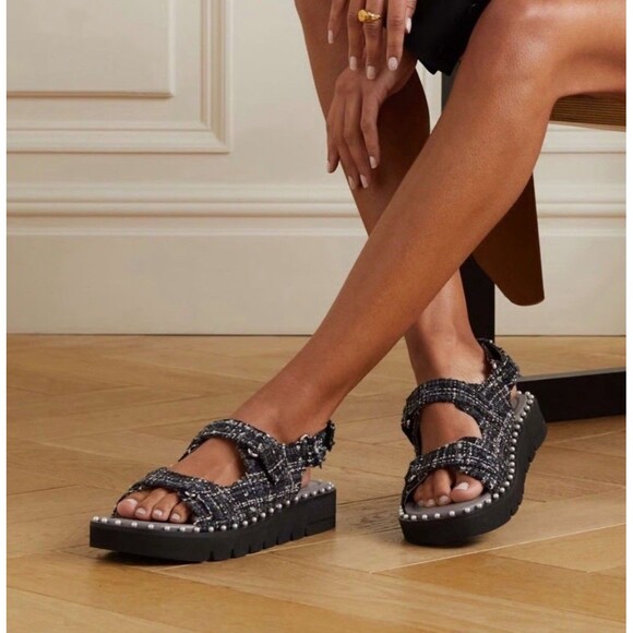Stuart Weitzman Zoe Lift Embellished Tweed Sandals Sz 7 New - Picture 1 of 10